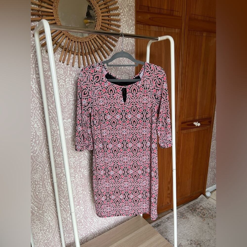 Laundry by Shelli Segal Pink Black Geometric Pattern Lined Midi Dress 3/4 Sleeve
